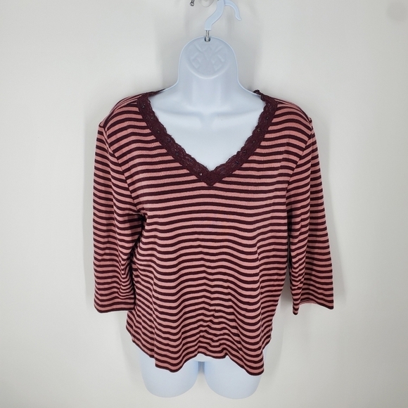 First Issue Liz Claiborne Knit 3/4 Sleeve Top Striped Shirt Women Large Maroon - Picture 7 of 7